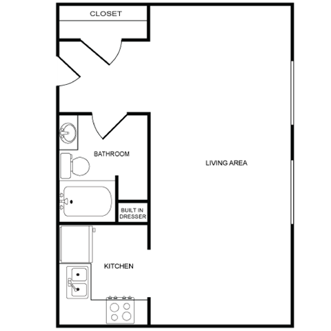 A floor plan of a small apartment with a closet, bathroom, built-in dresser, and kitchen.